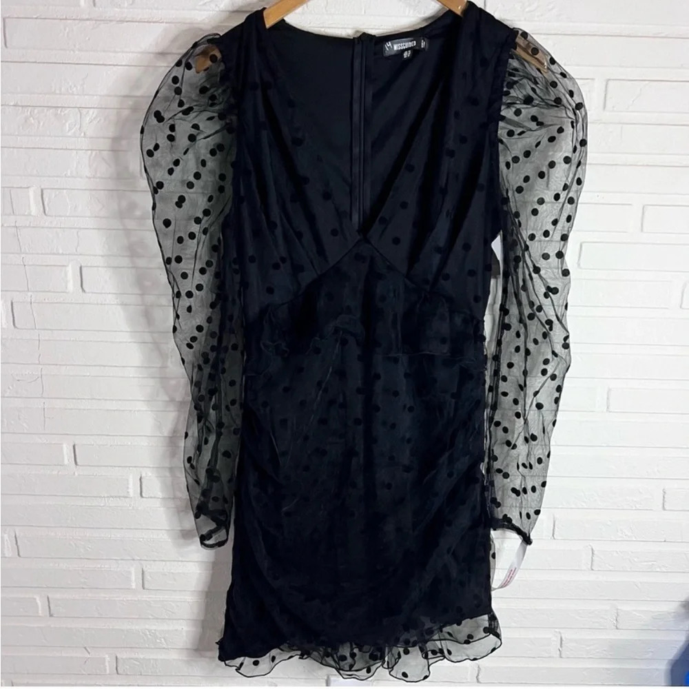 Missguided Black Dobby Milkmaid Vneck Polka Dot Frill Mini Dress,Women’s Size 10 - Picture 5 of 9